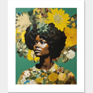 Black Woman Portrait With Yellow Flowers Collage Posters and Art